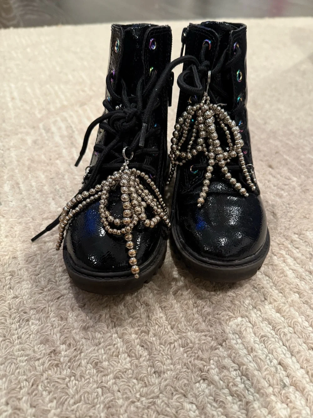 GAP Black Patent Lace-Up Ankle Boots with Silver Bead Tassels